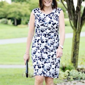 Ralph Lauren Navy Blue Gray Floral‎ Side Ruched Sleeveless Dress Size 10